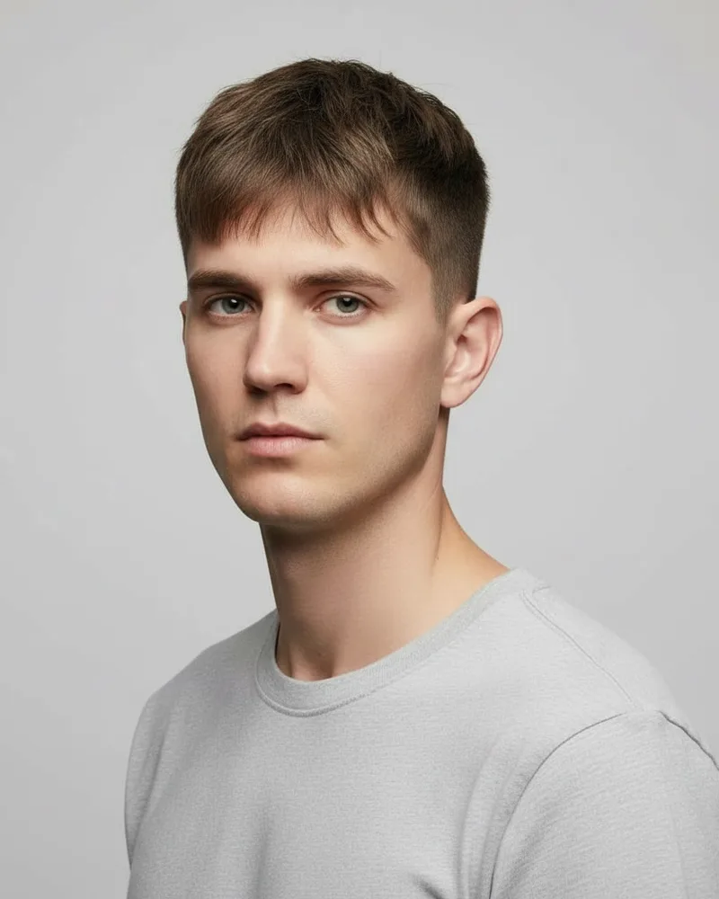 Kunden-Foto vor der Beratung: junger Mann mit kurzen, dunkelbraunen Haaren.